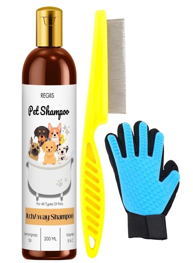 REGIIS Pet Shampoo for Dogs, Itch Away Formula with Lemongrass Oil and Vitamins E & C, 200 ML, Includes Grooming Comb and Deshedding Glove(3 Pack) - Image 1